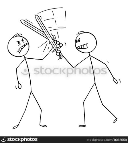 Vector cartoon stick figure drawing conceptual illustration of two men or businessmen fighting with swords or fencing. Business concept of competition.. Vector Cartoon Illustration of Two Men or Businessmen Fighting with Swords or Fencing.