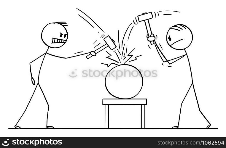 Vector cartoon stick figure drawing conceptual illustration of two men or businessmen beating an object with hammers. Concept of cracking or solving problem.. Vector Cartoon Illustration of Two Men, Workers or Businessmen Beating an Object with Hammers. Concept of Cracking or Solving Problem.