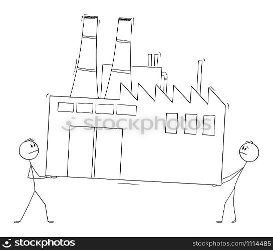 Vector cartoon stick figure drawing conceptual illustration of two men or businessmen carrying the factory, business concept of relocating or moving of manufacturing sector to low-cost country.. Vector Cartoon Illustration of Two Men or Businessmen Carrying the Factory, Concept of Moving or Relocation Manufacturing Sector to Low-Cost Country