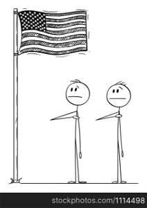 Vector cartoon stick figure drawing conceptual illustration of two men or businessmen or politicians saluting the us or American flag with right hand on heart.. Vector Cartoon Illustration of Two Men or Businessmen or Politicians Saluting the US or American Flag with Right Hand on Heart.
