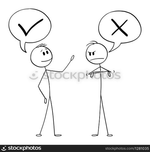 Vector cartoon stick figure drawing conceptual illustration of two men or businessmen talking or having conversation, one is positive and second is negative.. Vector Cartoon Illustration of Two Men or Businessmen, Positive and Negative Talking or Having Conversation
