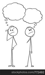 Vector cartoon stick figure drawing conceptual illustration of two men or businessmen thinking about problem solution or something. With empty speech bubbles ready to add your text.. Vector Cartoon of Two Men or Businessmen Thinking About Problem With Empty Speech Bubbles