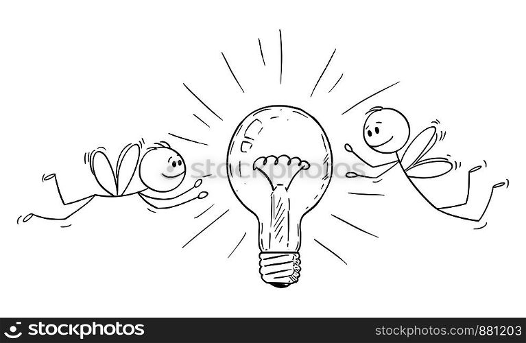 Vector cartoon stick figure drawing conceptual illustration of two men or businessmen as flies or moths attracted by light bulb and flying around it.. Vector Cartoon of Two Men or Businessmen as Flies Attracted by Light Bulb and Flying Around