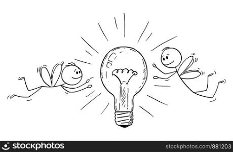 Vector cartoon stick figure drawing conceptual illustration of two men or businessmen as flies or moths attracted by light bulb and flying around it.. Vector Cartoon of Two Men or Businessmen as Flies Attracted by Light Bulb and Flying Around