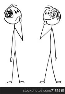 Vector cartoon stick figure drawing conceptual illustration of two men or businessmen thinking. Difference between simple straightforward neat and messy thinking.. Vector Cartoon Illustration of Two Men or Businessmen Thinking, Difference Between Simple Straightforward Neat and Messy Thinking