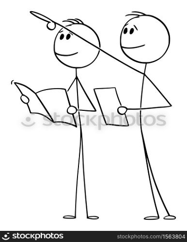 Vector cartoon stick figure drawing conceptual illustration of two men or tourists Pointing and looking at something big or high and reading about in information booklet, brochure or paper about historic building or sight.. Vector Cartoon Illustration of Two Men or Tourists Looking and Pointing at Something Big or High and Reading Information in Paper, Brochure or Booklet About Historic building or Sight