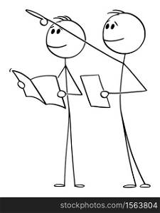 Vector cartoon stick figure drawing conceptual illustration of two men or tourists Pointing and looking at something big or high and reading about in information booklet, brochure or paper about historic building or sight.. Vector Cartoon Illustration of Two Men or Tourists Looking and Pointing at Something Big or High and Reading Information in Paper, Brochure or Booklet About Historic building or Sight