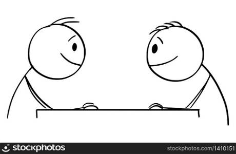 Vector cartoon stick figure drawing conceptual illustration of two smiling men or businessmen sitting at table and watching each other. Business cooperation or friendship concept.. Vector Cartoon Illustration of Two Smiling Men or Businessmen Sitting at Table and Watching Each Other.Business or Cooperation Concept.