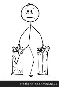 Vector cartoon stick figure drawing conceptual illustration of unhappy and tired man carrying big shopping bags full of food and other goods or groceries.. Vector Cartoon Illustration of Unhappy and Tired Man Carrying Big Shopping Bags Full of Food and Other Goods or Groceries