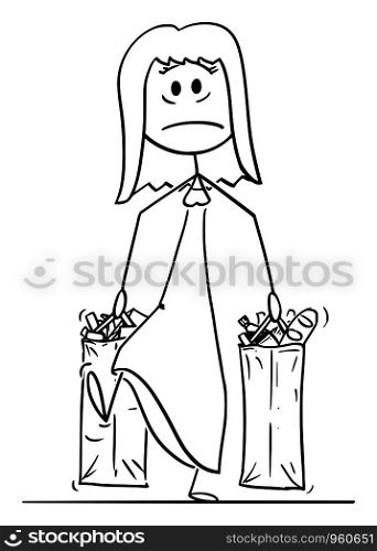 Vector cartoon stick figure drawing conceptual illustration of unhappy and tired woman carrying big shopping bags full of food and other goods or groceries.. Vector Cartoon Illustration of Unhappy and Tired Woman Carrying Big Shopping Bags Full of Food and Other Goods or Groceries