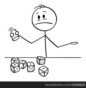 Vector cartoon stick figure drawing conceptual illustration of unhappy and unsuccessful man or player or businessman rolling dices in casino with all dices showing one dot. Concept of failure or bad luck.. Vector Cartoon Illustration of Unhappy Man or Player Rolling Dices with All Dices Showing One Dot