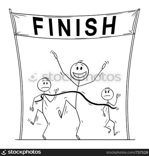 Vector cartoon stick figure drawing conceptual illustration of victorious man, who is first on the finish line of the race or rune and beating his slower business competitors.. Vector Cartoon of Victorious Man Who Is First on the Finish Line Beating His Business Competitors
