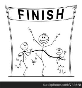 Vector cartoon stick figure drawing conceptual illustration of victorious man, who is first on the finish line of the race or rune and beating his slower business competitors.. Vector Cartoon of Victorious Man Who Is First on the Finish Line Beating His Business Competitors