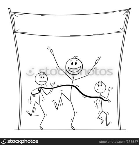 Vector cartoon stick figure drawing conceptual illustration of victorious sport man or athlete who is first on the finish line in race or run.. Vector Cartoon of Victorious Man or Athlete Who is First on the Finish Line in Run or Race