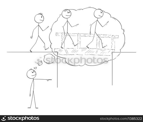 Vector cartoon stick figure drawing conceptual illustration of visionary leader or manager imaging the problem solution and leading business team over the bridge to success.. Vector Cartoon Illustration of Visionary Manager Leader Imaging the Solution and Leading Business Team to Success.