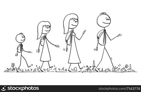 Vector cartoon stick figure drawing conceptual illustration of walking family on trip or adventure of man, woman, girl and boy or father, mother, daughter and son.. Vector Cartoon Illustration of Walking Family on Trip of Man or Father, Woman or Mother and Girl or Daughter and Boy or Son