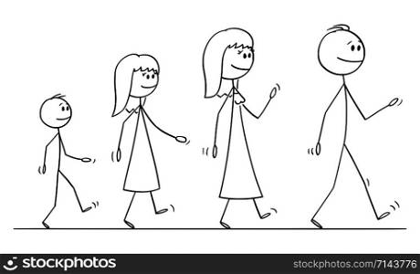 Vector cartoon stick figure drawing conceptual illustration of walking family on trip of man, woman, girl and boy or father, mother, daughter and son.. Vector Cartoon Illustration of Walking Family of Man or Father, Woman or Mother and Girl or Daughter and Boy or Son