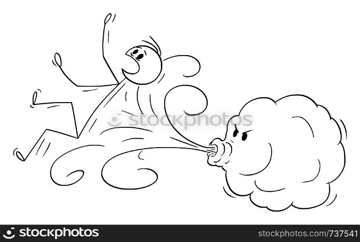 Vector cartoon stick figure drawing conceptual illustration of wind represented by small cloud blowing a man away.. Vector Cartoon of Wind Blowing a Man Away