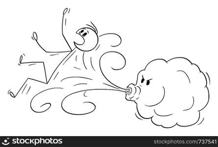 Vector cartoon stick figure drawing conceptual illustration of wind represented by small cloud blowing a man away.. Vector Cartoon of Wind Blowing a Man Away