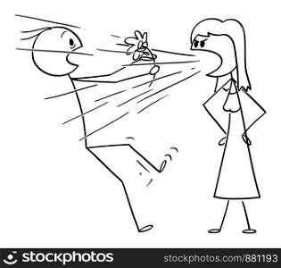 Vector cartoon stick figure drawing conceptual illustration of woman on date yelling or screaming at man holding a flower.Concept or couple relationship and love.. Vector Cartoon of Woman on Date Screaming or Yelling at Man Holding a Flower