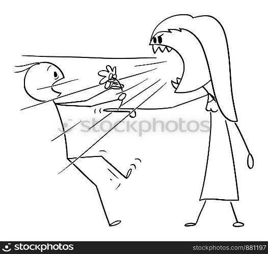 Vector cartoon stick figure drawing conceptual illustration of woman on date yelling or screaming as monster at man holding a flower.Concept or couple relationship and love.. Vector Cartoon of Monstrous Woman on Date Screaming or Yelling at Man Holding a Flower
