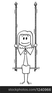 Vector cartoon stick figure drawing conceptual illustration of woman or businesswoman sitting on swing.. Vector Cartoon Illustration of Woman or Businesswoman Sitting on Swing