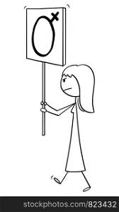 Vector cartoon stick figure drawing conceptual illustration of woman or feminist walking or manifesting with female gender symbol on sign.. Vector Cartoon of Feminist Woman Walking or Manifesting with Female Gender Symbol Sign