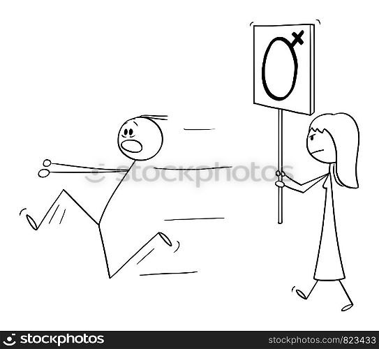 Vector cartoon stick figure drawing conceptual illustration of woman or feminist walking or manifesting with female gender symbol on sign. Man is running away in panic.. Vector Cartoon of Feminist Woman Walking or Manifesting with Female Gender Symbol Sign and Man Running Away