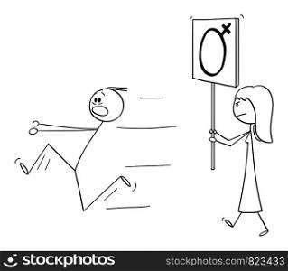 Vector cartoon stick figure drawing conceptual illustration of woman or feminist walking or manifesting with female gender symbol on sign. Man is running away in panic.. Vector Cartoon of Feminist Woman Walking or Manifesting with Female Gender Symbol Sign and Man Running Away