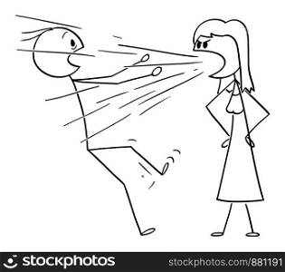 Vector cartoon stick figure drawing conceptual illustration of woman yelling or screaming at man.Concept or couple relationship.. Vector Cartoon of Woman Screaming or Yelling at Man