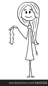 Vector cartoon stick figure drawing conceptual illustration of young attractive woman holding condom.. Vector Cartoon Illustration of Young Attractive Smiling Woman Holding Condom