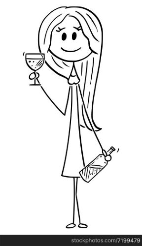 Vector cartoon stick figure drawing conceptual illustration of young attractive woman posing with drinking glass and bottle of wine.. Vector Cartoon Illustration of Young Attractive Smiling Woman Posing With Drinking Glass and Bottle of Wine
