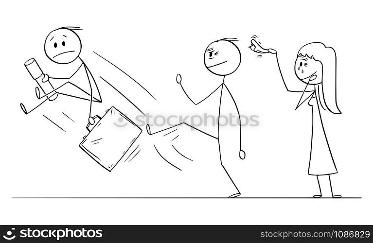Vector cartoon stick figure drawing conceptual illustration of young man leaving home or house of his parents to start his own life. Father is kicking him out gently.. Vector Cartoon Illustration of Young Man Leaving Home of His Parents to Start His Own Life