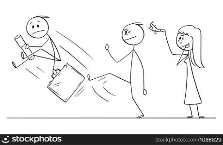 Vector cartoon stick figure drawing conceptual illustration of young man leaving home or house of his parents to start his own life. Father is kicking him out gently.. Vector Cartoon Illustration of Young Man Leaving Home of His Parents to Start His Own Life