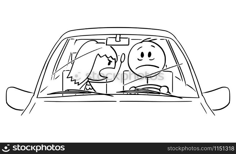Vector cartoon stick figure drawing of tired, unhappy,sad or stressed man or driver driving a car, while his wife or woman of passenger seat is shouting at him.. Vector Cartoon Illustration of Unhappy or Stressed Man or Driver Driving a Car While His Wife is Shouting at Him