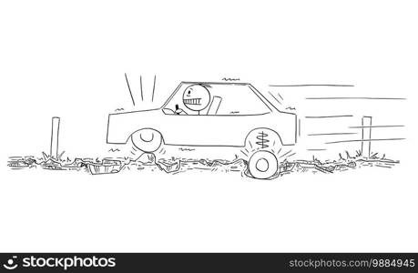 Vector cartoon stick figure illustration of driver driving car on very bad road with asphalt full of potholes.. Vector Cartoon Illustration of Driver Driving Car on Very Bad Road With Asphalt Full of Potholes