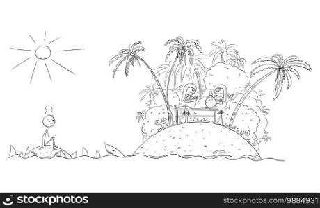 Vector cartoon stick figure illustration of frustrated man sitting alone on small deserted island, surrounded by sharks watching dream tropical island of someone else or competitor.. Vector Cartoon Illustration of Frustrated Man Sitting on Small Empty Deserted Island Surrounded by Sharks Watching Dream Island of Competitor