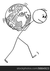 Vector cartoon stick figure illustration of man carrying planet Earth globe on his back. Concept of human environmental responsibility, ecology and conservation.. Vector Cartoon Illustration of Man Carrying Planet Earth Globe on His back. Concept of Responsibility, Environmental Conservation and Ecology