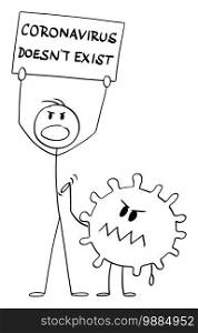 Vector cartoon stick figure illustration of man holding coronavirus doesn’t exist sign. Concept of sars-2-cov corona epidemic rejection. Covid-19 is behind him.. Vector Cartoon Illustration of Man Holding Coronavirus Doesn’t Exist Sign. Concept of covid-19 or Sars-cov-2 Epidemic Rejection.