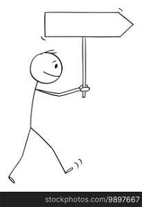 Vector cartoon stick figure illustration of man or businessman holding and walking with empty arrow sign.. Vector Cartoon Illustration of Man or Businessman Holding and Walking With Empty Arrow Sign