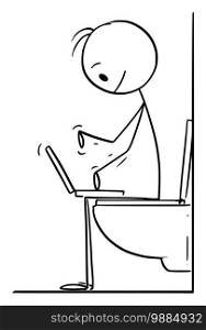 Vector cartoon stick figure illustration of man or businessman typing on computer or working while sitting on toilet in bathroom. Concept of home office.. Vector Cartoon Illustration of Man or Businessman Working or Typing on Computer While Sitting on Toilet, Concept of Home Office