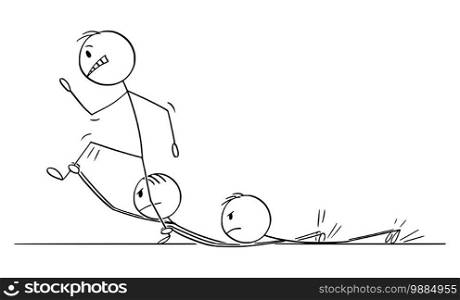 Vector cartoon stick figure illustration of man or businessman walking hard on his way to success but is slowed down by his coworkers, team or competitors.. Vector Cartoon Illustration of Man or Businessman Walking on Way to Success but is Slowed Down by Competitors or Coworkers