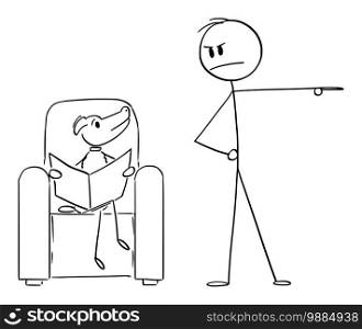 Vector cartoon stick figure illustration of master or man trying to drive out pet dog sitting in armchair an reading newspapers.. Vector Cartoon Illustration of Man or Master Driving Out Pet Dog Reading Newspapers in Armchair