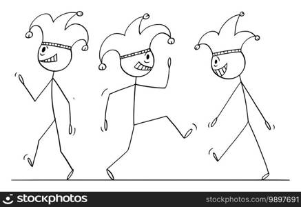 Vector cartoon stick figure illustration of people,madmen,men,jesters or fools walking in cap and bells fool’s cap.. Vector Cartoon Illustration of Group of Men, People, Madmen, Jesters or Fools Walking in Cap and Bells Fool’s Cap.