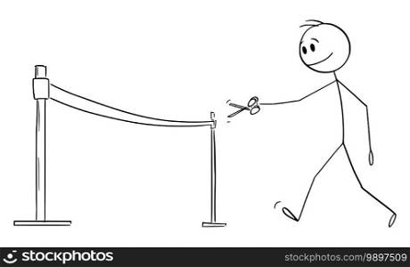 Vector cartoon stick figure illustration of politician, man or businessman cutting ribbon with scissors during opening ceremony. Vector Cartoon Illustration of Man, Politician or Businessman Cutting Ribbon With Scissors During Opening Ceremony