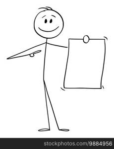 Vector cartoon stick figure illustration of smiling positive man or businessman holding and showing empty,document, paper or sign.. Vector Cartoon Illustration of Smiling Man or Businessman Holding and Showing Empty Paper, Document or Sign.