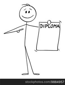Vector cartoon stick figure illustration of smiling positive man or businessman holding and showing his diploma or university degree.. Vector Cartoon Illustration of Smiling Man or Businessman Holding and Showing is Diploma or University Degree.