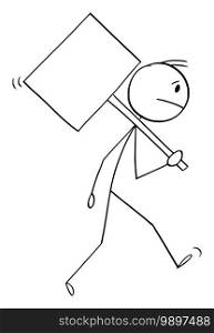 Vector cartoon stick figure illustration of stressed, frustrated, sad or tired man or businessman walking with empty sign ready for your text.. Vector Cartoon Illustration of Frustrated, Sad or Stressed or Man or Businessman Walking With Empty Sign Ready for Your Text.