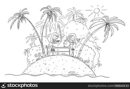 Vector cartoon stick figure illustration of successful man or businessman living his dream on tropical island, relaxing surrounded by nature and ocean.. Vector Cartoon Illustration of Successful Man or Businessman Living His Dream on Tropical Island Surrounded by Nature, Ocean and Relaxing