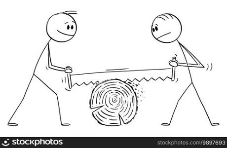 Vector cartoon stick figure illustration of two men cutting together wood or log. Concept of woodworking, cooperation or teamwork.. Vector Cartoon Illustration of Two Men Cutting Wood With Big Hand Saw. Concept of Woodworking, Teamwork or Cooperation